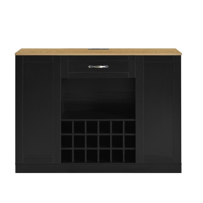 Modern Wine Bar Cabinet with Built-In Power Outlet, Versatile Sideboard with Adjustable Shelves, 47" L x 15.5" W x 34" H, Black+Natural