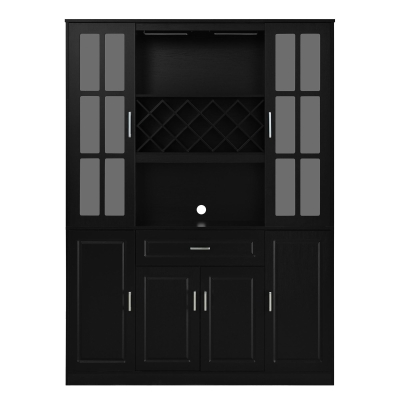 Tall Wine Cabinet with Wine Rack and Stemware Holder, 4-Door Storage Cabinet with Semi-Open Shelf, 52" L x 15.5" W x 74" H, Black