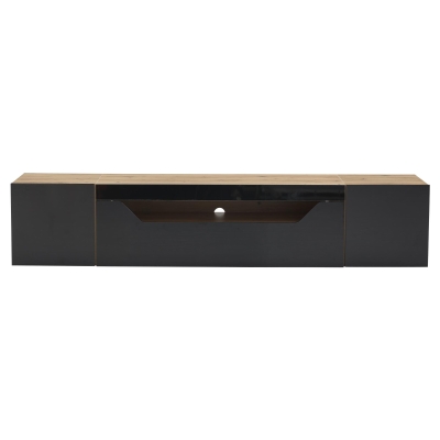 Wall-Mounted TV Cabinet with High-Gloss Front, 3-Tier Storage TV Stand with Fold-Down Flap Door, 65" L x 14.5" W x 14" H, Black+Natural