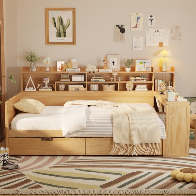 Wooden Full Size Daybed with Built-In Study Desk and 2 Storage Drawers, Space-Saving Guest Bed with Side Shelving, 91.5'' L x 65'' W x 45'' H, Natural