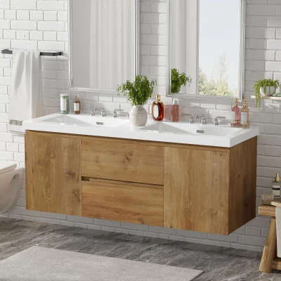 Double Sink Bathroom Vanity with Spacious Under-Sink Storage, Wall-Mounted Floating Cabinet with SMC Top, 59.5'' L x 20'' W x 25.5'' H, Wood