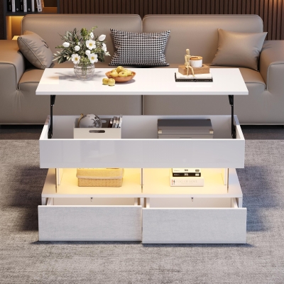 Sleek Lift-Top Coffee Table with LED Ambient Lighting, Modern Center Table with Height-Adjustable, 39.5" L x 19.5" W x 18" H, White