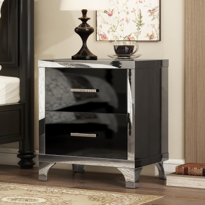 Elegant High Gloss Nightstand with Mirrored Front and 2 Drawers, Stylish Bedside Table for Large Bedrooms, 22.5'' L x 15.5'' W x 23.5'' H, Black