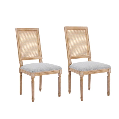 Set of 2 Dining Chairs with Padded Seats and Cane Backrest, Cane Back Dining seating with Rubberwood Frame, 20'' L x 22'' W x 39.5'' H, Grey+Green