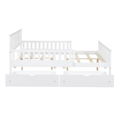 Full Size Wood Platform Bed with 2 Under-Bed Storage Drawers, Solid Bed Frame with Guardrails on Both Sides, 77.5'' L x 57.5'' W x 34.5'' H, White