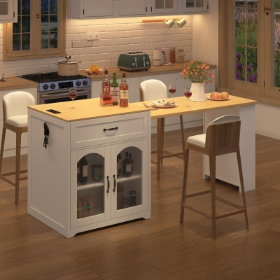 Practical Bar Table with Extendable Rolling Foldable Top, Solid Kitchen Island with Double-Sided Drawers, 82.5" L x 27.5" W x 38.5" H, White+Natural