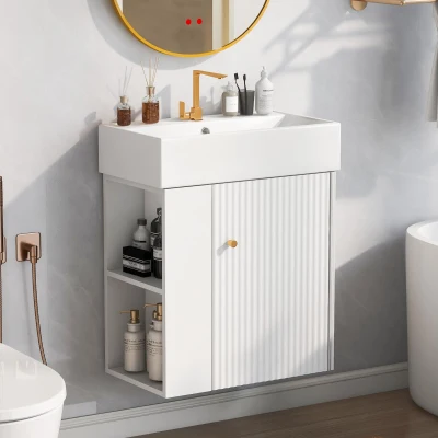 Modern Floating Bathroom Vanity with Ceramic Basin and Side Storage, Cabinet with Rose Gold Handle, 21.5" L x 12" W x 26.5" H, White
