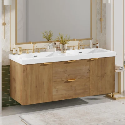Double Sink Bathroom Vanity with Integrated SMC Top, Wall-Mounted Floating Cabinet for 2 People, 59.5'' L x 20'' W x 25.5'' H, Wood