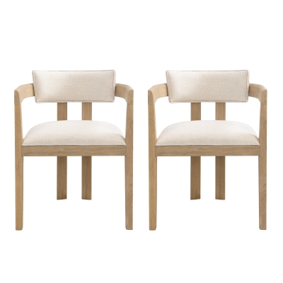 Set of 2 Dining Chairs with Armrests and Rubber Wood Frame, Wooden Dining Seating with Low-Maintenance Fabric, 22.5'' L x 23.5'' W x 31'' H, Beige