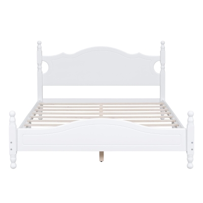 Queen Size Wood Platform Bed with Retro Headboard and 10 Slats, White Wood-Finished Bed Frame with Plywood, 85'' L x 62.5'' W x 39.5'' H, White