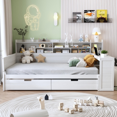 Full Size Daybed with 2 Large Drawers and Built-In Study Desk, Space-Saving Guest Bed with Side Storage Shelves, 91.5'' L x 65'' W x 45'' H, Antique White