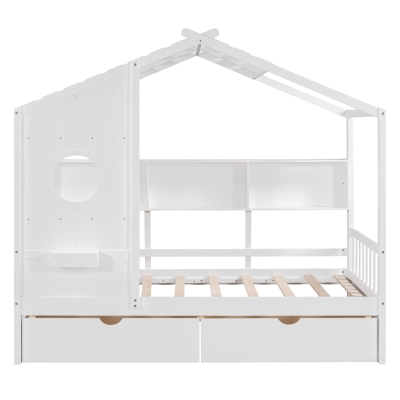 Kids Twin Size House Bed with 2 Storage Drawers and Rear Shelf, House-Style Kids Bed Frame with Plywood and MDF, 78'' L x 42.5'' W x 72'' H, White