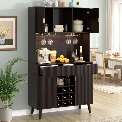 High Bar Cabinet with Smart LED Lighting (App & Music-Sync), Spacious Storage Cabinet with 9-Bottle Wine Rack, 42" L x 12" W x 72" H, Walnut