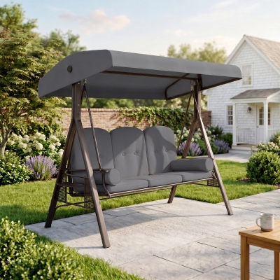 Outsunny Outdoor Patio 3-Person Steel Canopy Cushioned Seat Bench Swing with Included Side Trays & Padded Comfort, Dark Grey