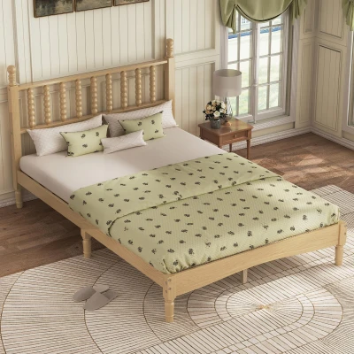 Full Size Wood Platform Bed with Gourd-Shaped Headboard, Solid Bed Frame for Eclectic Bedrooms, 79'' L x 57'' W x 45'' H, Natural