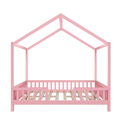 Montessori Full-Size House-Shaped Bed with Lightweight Polyester Canopy, Soft Pink Platform Bed for Child’s Room, 78.5'' L x 56.5'' W x 78'' H, Pink