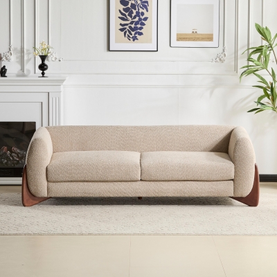 Bouclé Sherpa Sofa with Removable Seat Cushions and Spring Support, Upholstered Lounge Sofa with Wood Legs, 82.5'' L x 32'' W x 27'' H, Almond