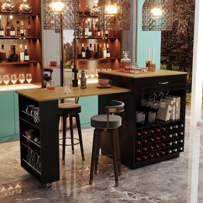 Stylish Mobile Bar Table with Extendable Countertop, Spacious Kitchen Counter with Storage Shelf, 73″ L x 27.5″ W x 41.5″ H, Black+Natural