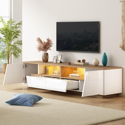 Stylish TV Cabinet with App-Controlled LED Lighting and High-Gloss Front, Freestanding TV Stand with 2 Drawers, 65" L x 15.5" W x 17.5" H, White