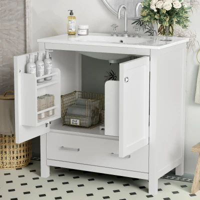 30" Bathroom Vanity with Single Sink, Solid Wood Frame, Multifunctional Storage Cabinet with Soft-Close Doors, 30" L x 18.5" W x 34" H, White
