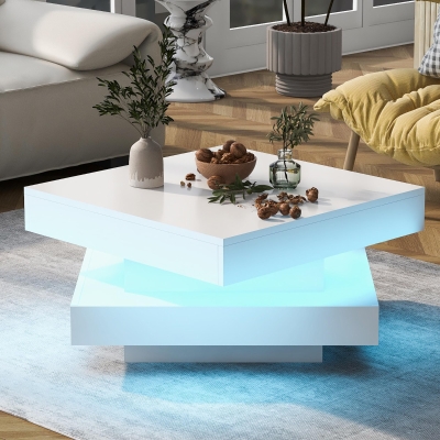 Square High-Gloss Coffee Table with App-Controlled LED Lighting, Modern Center Table with Double-Layer Storage, 27.5" L x 27.5" W x 14" H, White