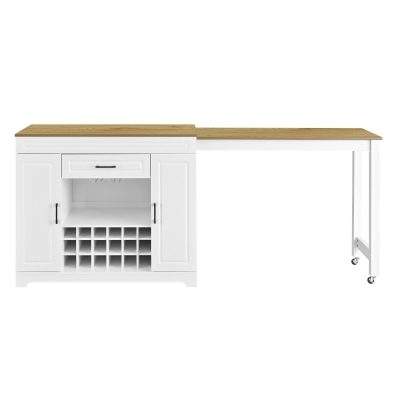 Expandable Bar Table with Adjustable Shelves and Rear Casters, Versatile Kitchen Counter with 2 Doors, 87.5″ L x 19.5″ W x 36″ H, White+Natural