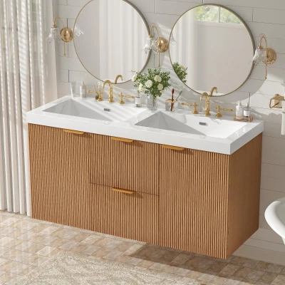 Double Sink Bathroom Vanity with Soft-Close Doors, Wall-Mounted Floating Cabinet with Divided Drawers, 47'' L x 19.5'' W x 23.5'' H, Wood