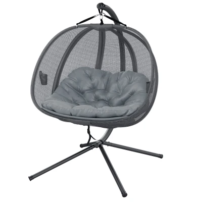 Outsunny Double Egg Chair with Stand, 2 Person Hanging Swing Egg Chair with Cushion, Pockets, Grey