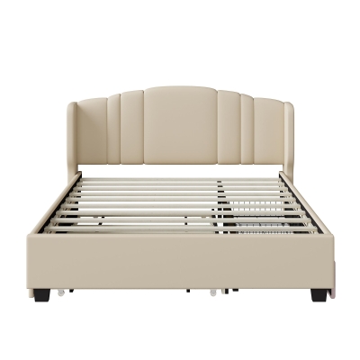 Upholstered Queen Platform Bed with Wingback Headboard and 2 Storage Drawers, Multi-Functional Bed Frame with Wood Slat, 86'' L x 65'' W x 43'' H, Beige