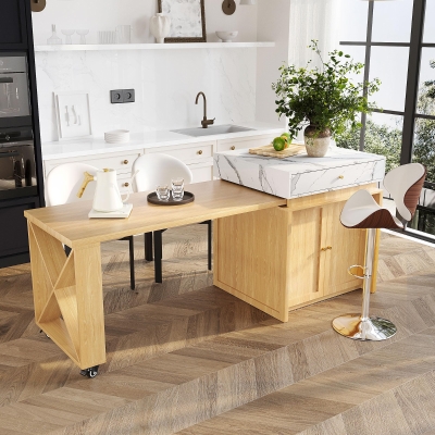 Modern Bar Table with 4-in-1 Extendable Pull-Out Table and Lockable Wheels, Kitchen Island with Adjustable Shelf, 82.5" L x 32.5" W x 28" H, White