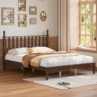 Queen Size Wooden Platform Bed with Gourd-Shaped Headboard, Retro-Inspired Bed Frame for Eclectic Décor, 84.5'' L x 63.5'' W x 45'' H, Walnut
