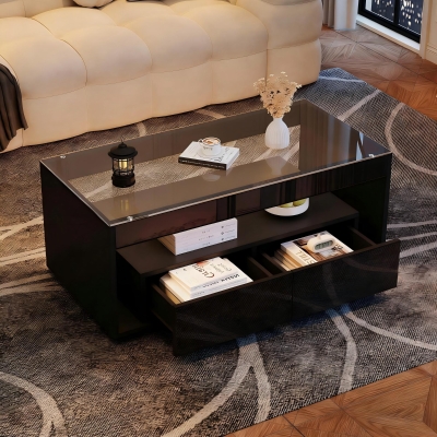 High-Gloss Coffee Table with App-Controlled RGB LED Strip, Spacious Center Table with Open Double-Layer Storage, 39.5" L x 19.5" W x 15.5" H, Black