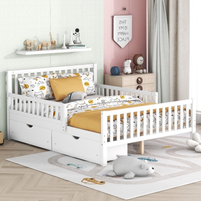 Full Size Wood Platform Bed with 2 Under-Bed Storage Drawers, Solid Bed Frame with Guardrails on Both Sides, 77.5'' L x 57.5'' W x 34.5'' H, White