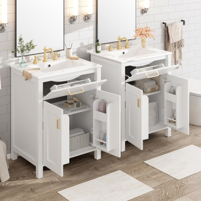 Modern Bathroom Vanity with 4 Doors, 2 Drawers and Adjustable Shelf, Freestanding Cabinet with Ceramic Sink, 48.5'' L x 18.5'' W x 34'' H, White