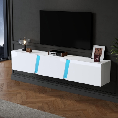 Wall-Mounted TV Stand with App-Controlled LED, Space-Saving TV Cabinet with Translucent Acrylic Panel, 65" L x 13.5" W x 12" H, White