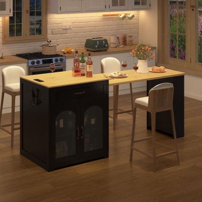 Practical Bar Table with Extendable Rolling Foldable Top, Solid Kitchen Island with Double-Sided Drawers, 82.5" L x 27.5" W x 38.5" H, Black+Natural