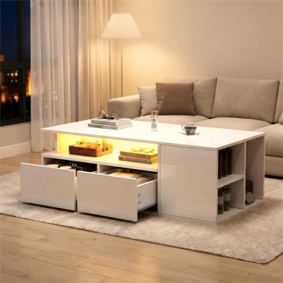 High-Gloss LED Coffee Table with App-Controlled Colour Light Strip, Functional Center Table with Open Storage, 39.5" L x 19.5" W x 13.5" H, White