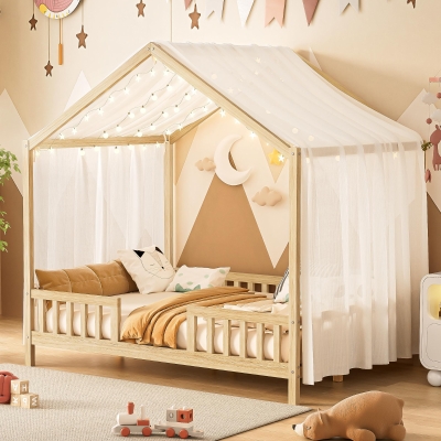 Full-Size Montessori Floor Bed with High Guard Railings, Natural Finish Bed Frame for Kid-Friendly Room, 78.5'' L x 56.5'' W x 78'' H, Natural