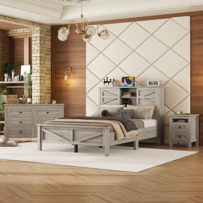 3-Piece Full Size Bedroom Set with Storage Headboard, Farmhouse Platform Bed Set with Charging Station, 83.5" L X 56.5" W X 40.5'' H, Antique Gray