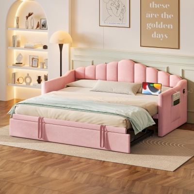 Twin-Size Upholstered Daybed with Height-Adjustable Pop-Up Trundle, Space-Saving Trundle Bed with 2 Side Pockets, 82.5'' L x 41'' W x 40'' H, Pink