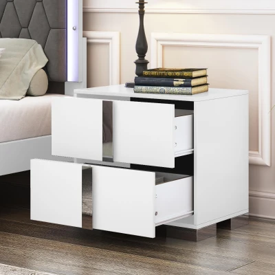 Space-Saving Nightstand with Mirrored Accents and Metal Legs, Elegant Bedside Storage for Compact Apartments, 23.5'' L x 15.5'' W x 21.5'' H, White
