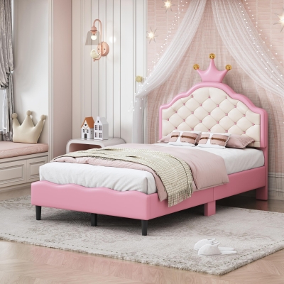 Twin Princess Platform Bed with Crown-Shaped Tufted Headboard, Crown Fantasy Bed Frame with Plywood Frame, 77.5'' L x 41'' W x 48.5'' H, Pink