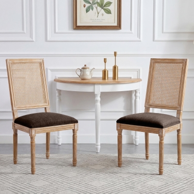 Set for 2 Dining Chairs with Rectangular Cane Backrest and Padded Seat, Cane Back Dining Seating with Fluted Legs, 20'' L x 22'' W x 39.5'' H, Brown