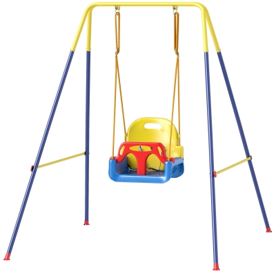 Qaba 3 in 1 Toddler Swing Set, Folding Child Swing Set with Seat Belt, Adjustable Seat for Outdoor Indoor, Blue