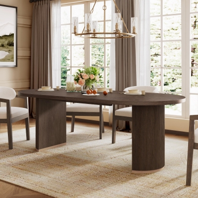Oval Double Pedestal Dining Table with Semi-Cylindrical Pedestal Bases, Walnut Wood Kitchen Table Vertical Grooves, 88'' L x 40'' W x 30'' H, Walnut