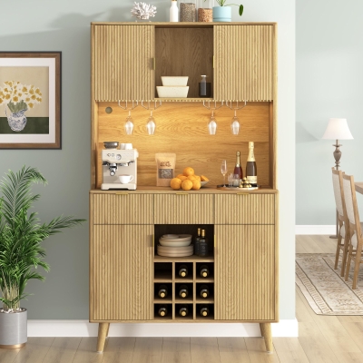 High Bar Cabinet with Smart LED Lighting (App & Music-Sync), Spacious Storage Cabinet with 9-Bottle Wine Rack, 42" L x 12" W x 72" H, Natural
