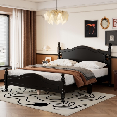 Queen Size Platform Bed with Retro Headboard and 10 Plywood Slats, Durable Bed Frame with Plywood Construction, 85'' L x 62.5'' W x 39.5'' H, Black