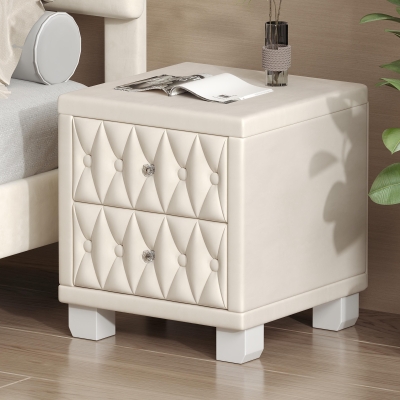 Elegant Velvet Nightstand with Button‑Tufting and Sparkling Crystal Knob, Solid Bedside Table with Generous Storage, 18'' L x 18'' W x 20'' H, Beige