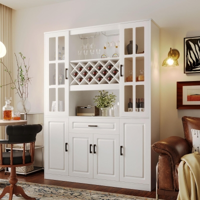 Tall Wine Cabinet with Wine Rack and Stemware Holder, 4-Door Storage Cabinet with Semi-Open Shelf, 52" L x 15.5" W x 74" H, White