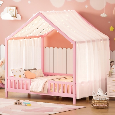 Montessori Full-Size House-Shaped Bed with Lightweight Polyester Canopy, Soft Pink Platform Bed for Child’s Room, 78.5'' L x 56.5'' W x 78'' H, Pink